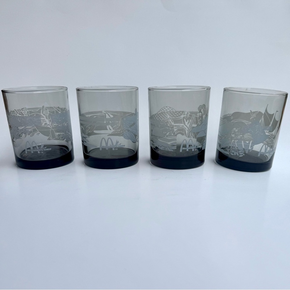 Vintage McDonald’s Etched Glass Hawaii Tumbler Set - Smoky Gray